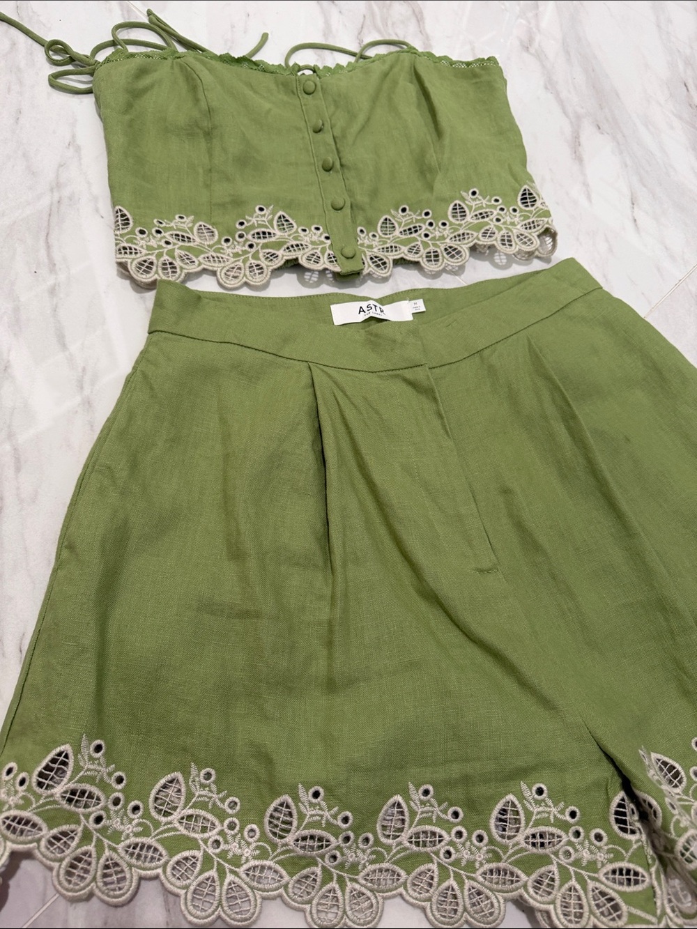 Astr Olive Green Embroidered Halter Crop Top & High-Waist Shorts Set - Picture 6 of 6